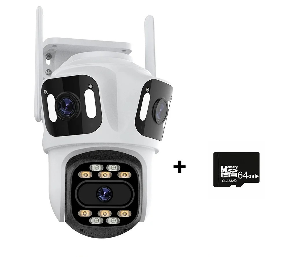 8lnltdlp Тройна Външна WiFi Камера P15 с три екрана 3MP+3MP+6MP, ICSee, Бяла +SD 64 GB - Image 1